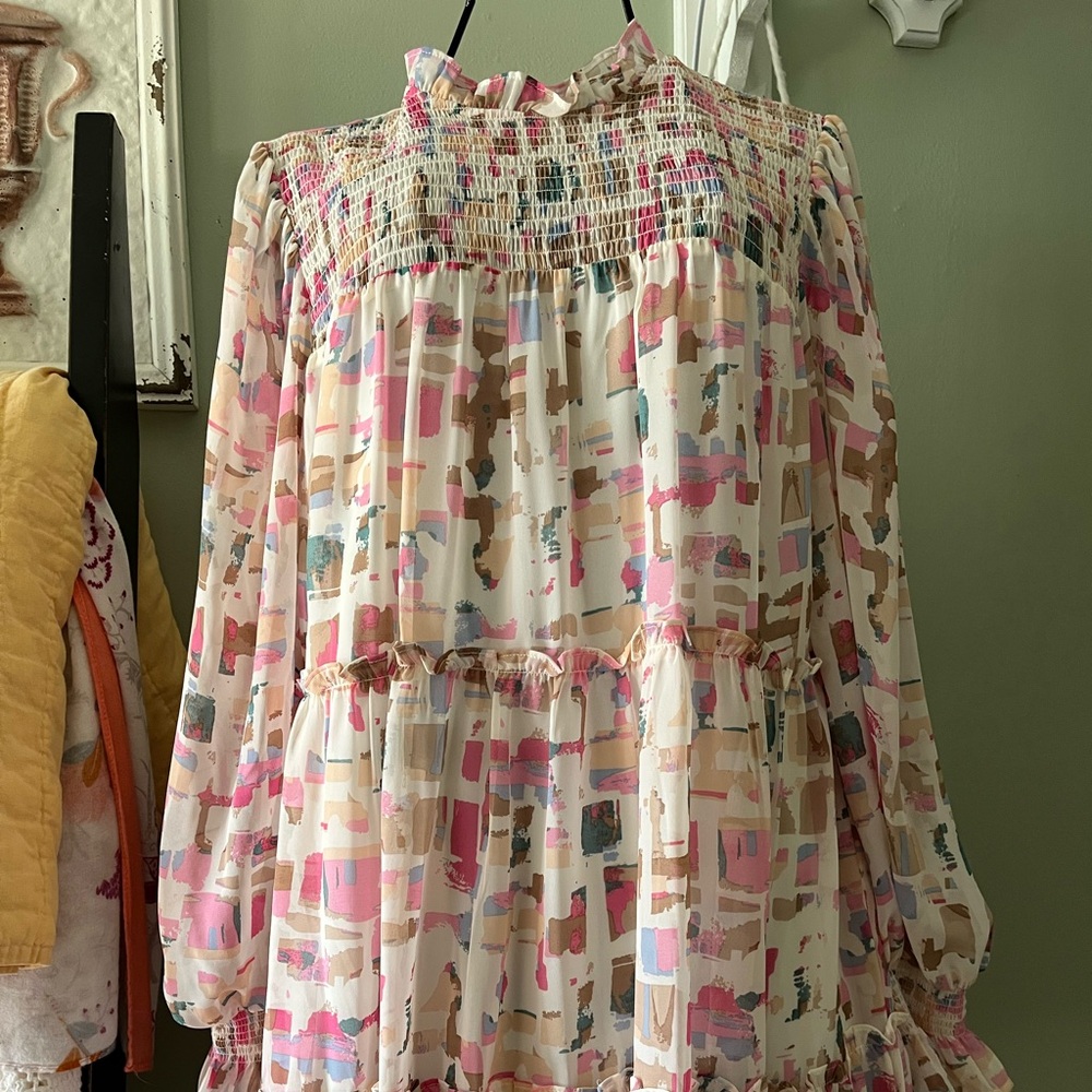 entro Multicolor Abstract Floral Dress - Pink, Blue & Beige